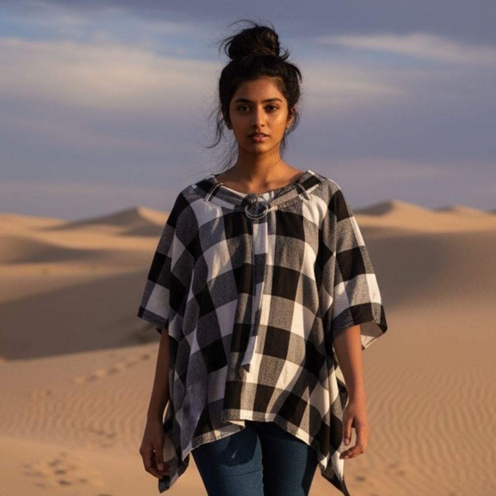Bar III Black & White Buffalo Plaid Poncho Cape | | Size M | Ring Neck Detail